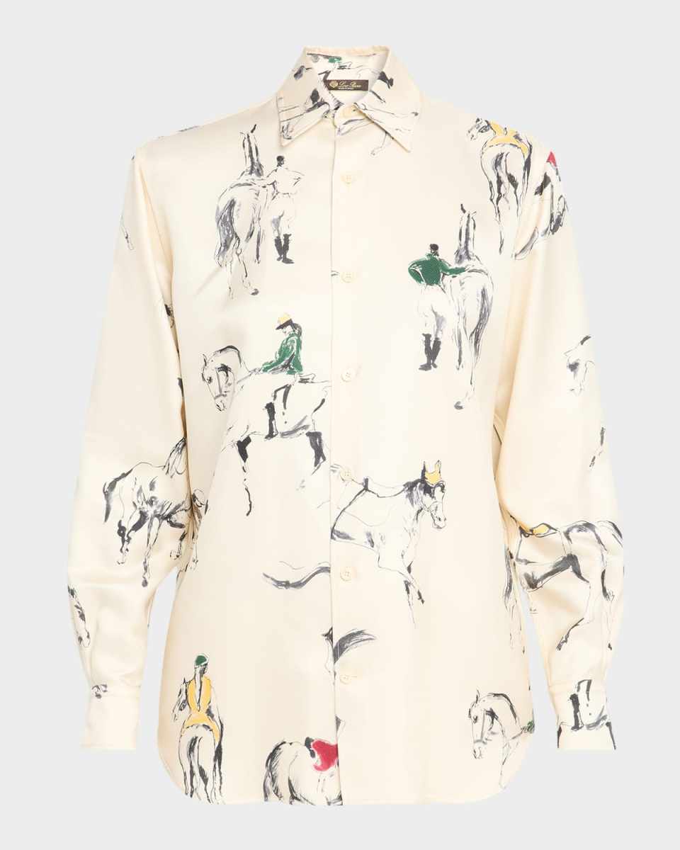 Thea Horse-Print Silk Button-Down Blouse